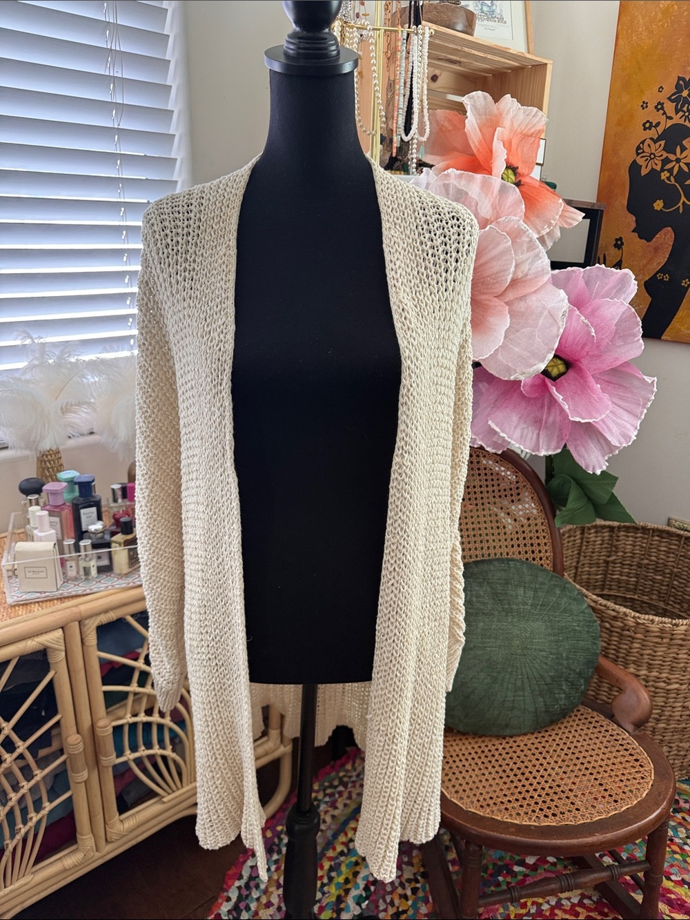 Eileen Fisher Cream Crochet Knit Open Front Classic Chic Cardigan